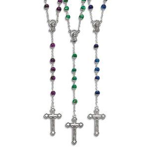 Set of 3 Silver-tone Green, Blue and Pink Marbled Bead Rosary Set religious gift